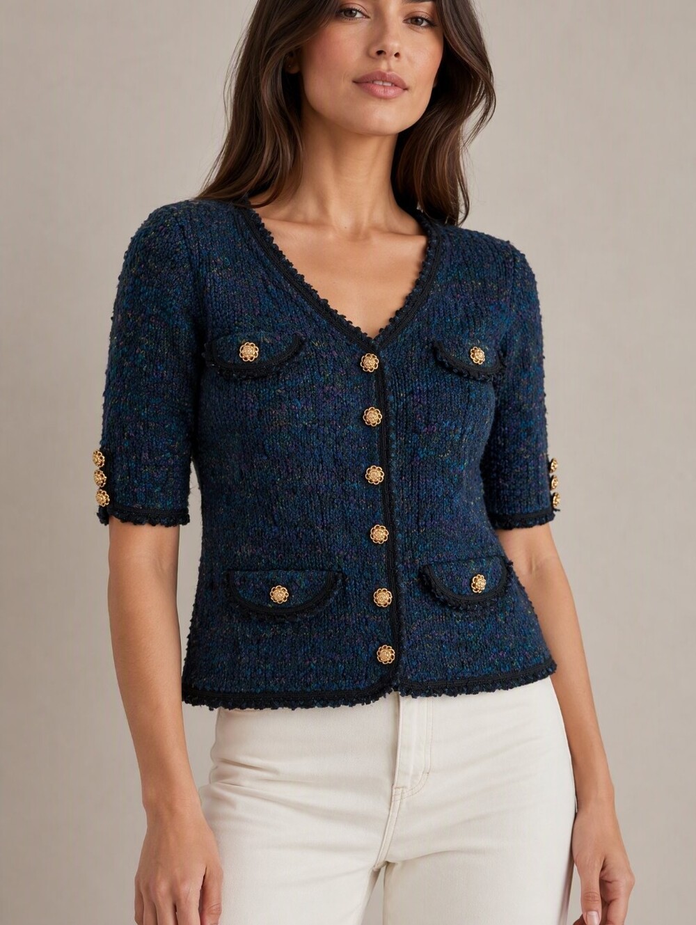 Betsey Johnson Navy Multicolor Tweed Button-Front Cardigan